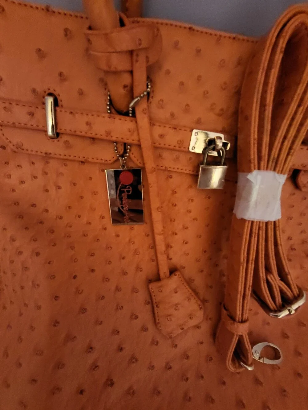 NWOT Penelope Ann 14.5x12x6  Orange Ostrich-Texture Top-Handle Tote Bag - Picture 7 of 14